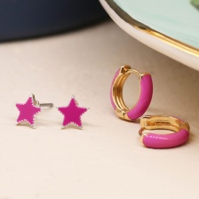 Golden and pink enamel hoop and star earring duo by Peace of Mind
